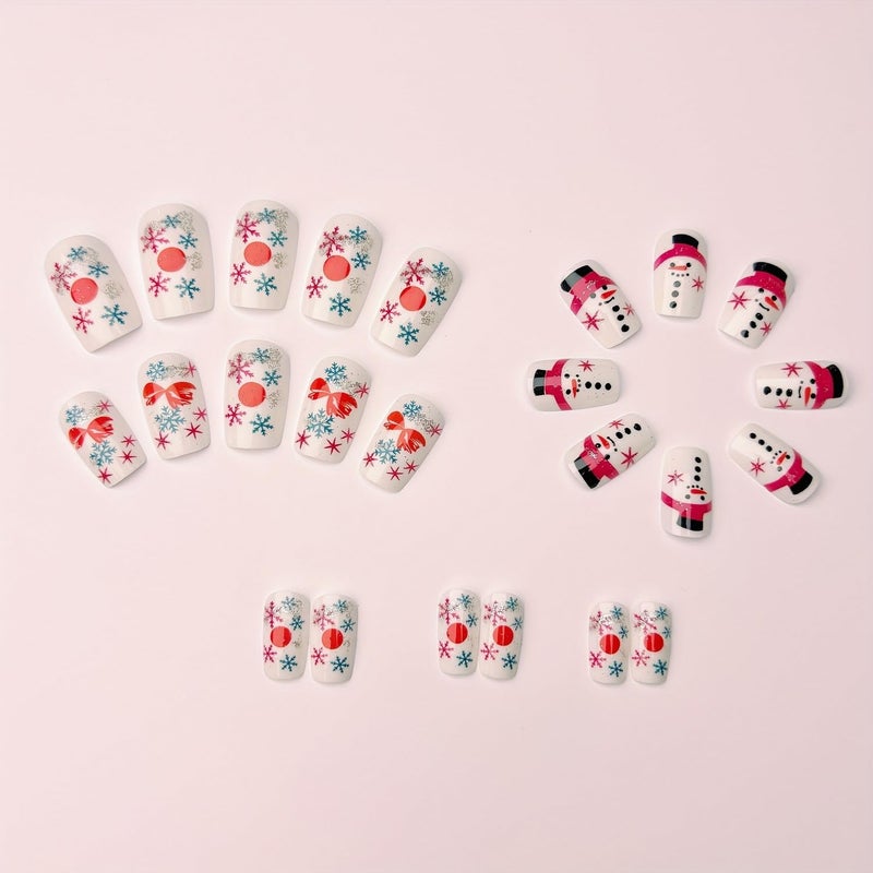OCOUYVD Christmas Press on Nails Short Square Fake Nails with Snowflake Designs Full Cover Winter Xmas Snowman Acrylic Stick on Nails Silver Glitter False Nails for Women Holidy Manicure Art 24 Pcs - Image 3
